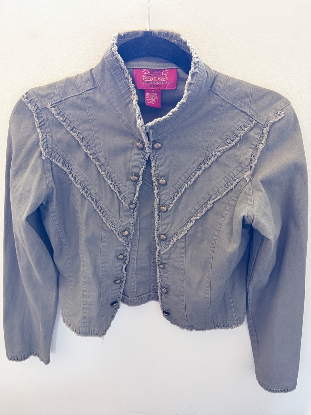 Paris Blues, military green Ruffle-Trim Cropped Jean Jacket